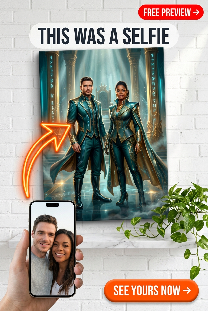 Custom Royal Couple Portrait — Heroic Throne Canvas from Photo