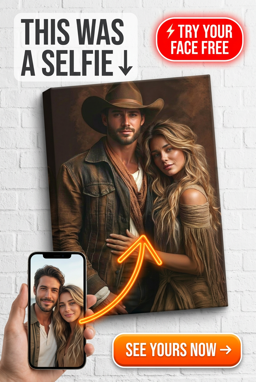 Custom Cowboy Couple Portrait — Romantic Western Canvas from Photo