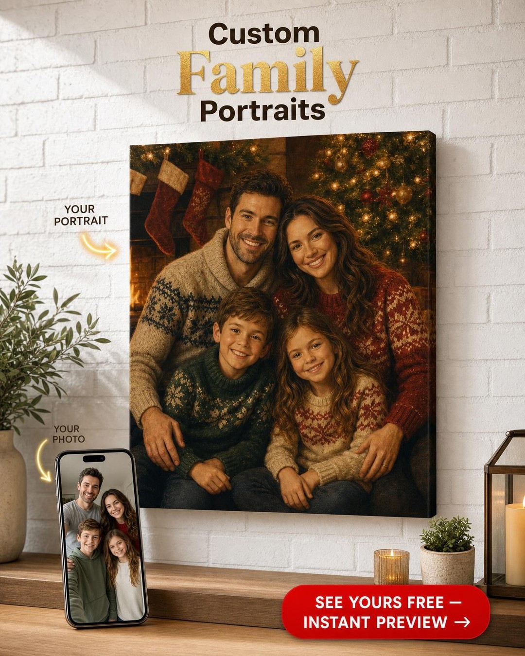 Custom Christmas Family Portrait — Festive Fireplace Canvas from Photo