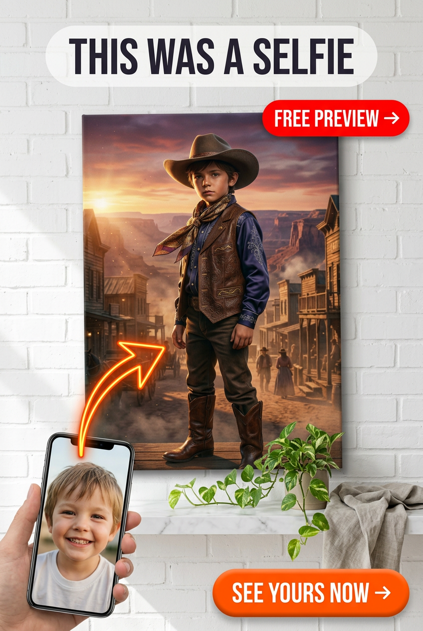 Custom Cowboy Boy Portrait — Heroic Wild West Canvas from Photo