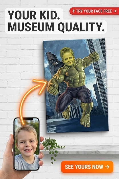 Custom Superhero Boy Portrait — Whimsical Cityscape Canvas from Photo