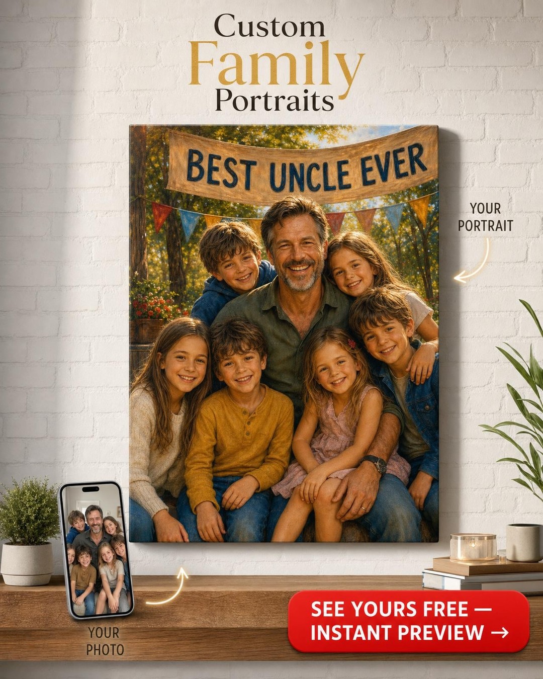 Best Uncle Ever Gift — Joyful Family Portrait Canvas from Photo