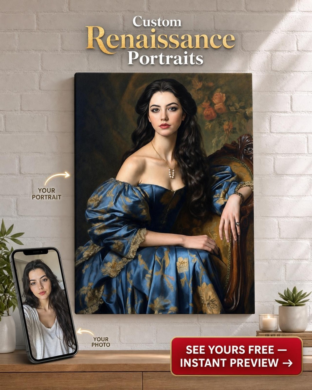 Elegant Baroque Lady in Blue Custom Portrait from Photo | Personalized Gift