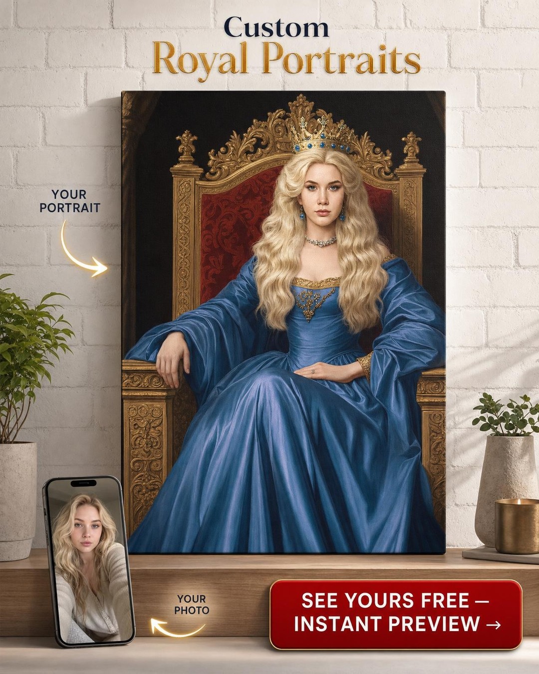 Custom Royal Woman Portrait — Regal Crown & Throne Canvas