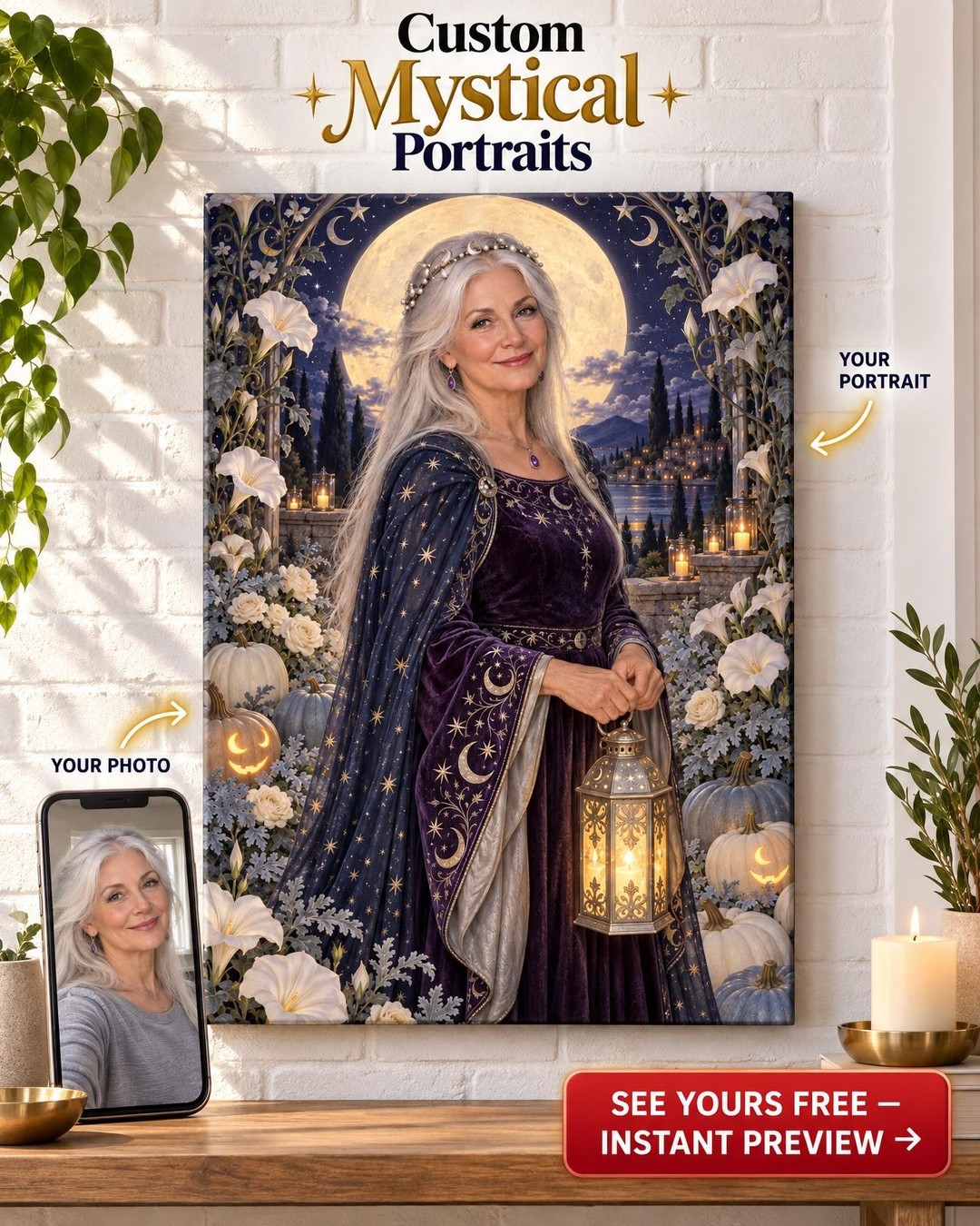 Moon Witch Custom Portrait from Photo | Personalized Witch Portrait Gift