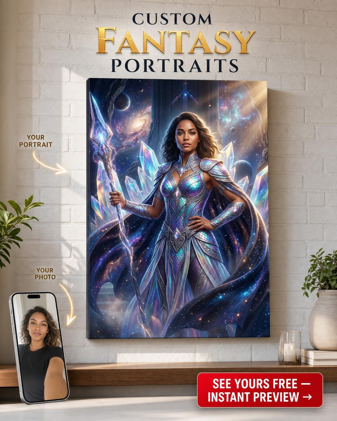 Custom Fantasy Woman Portrait — Heroic Warrior from Photo Canvas