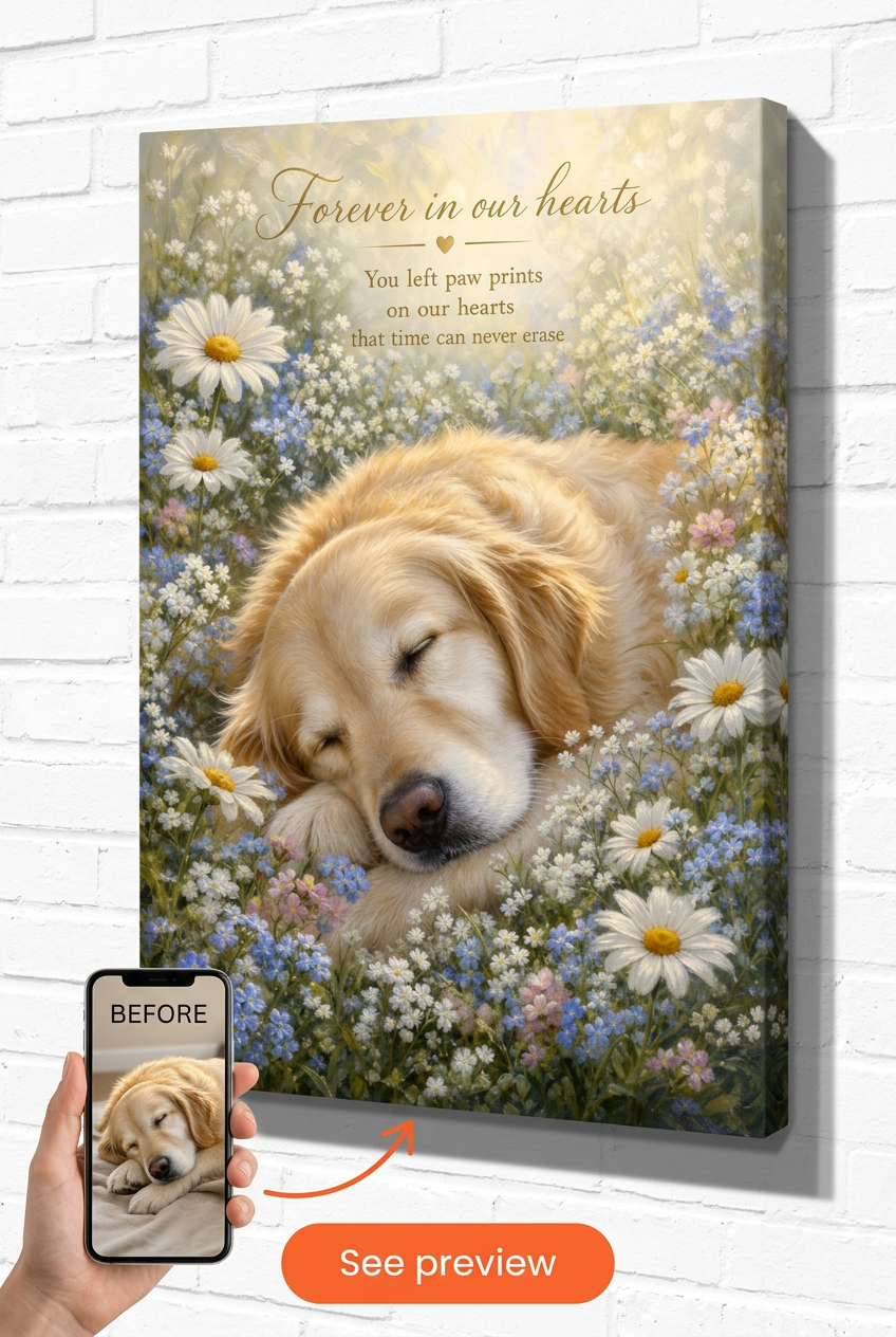 Custom Memorial Dog Portrait — Floral Canvas from Photo