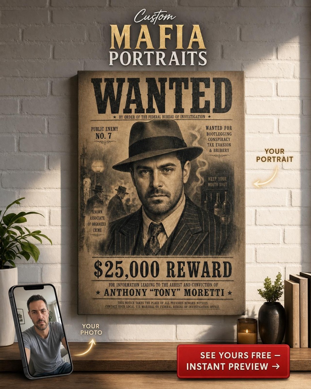 Gangster Wanted Portrait | Custom Canvas Gift