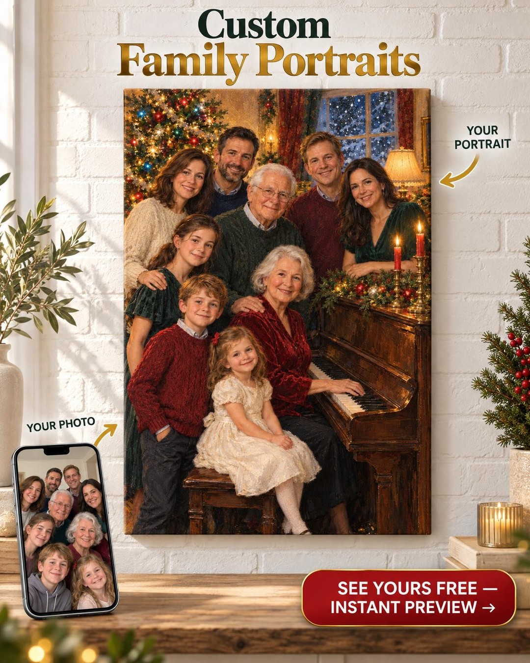 Carols at the Piano Christmas Family Custom Portrait from Photos | Personalized Gift for Parents