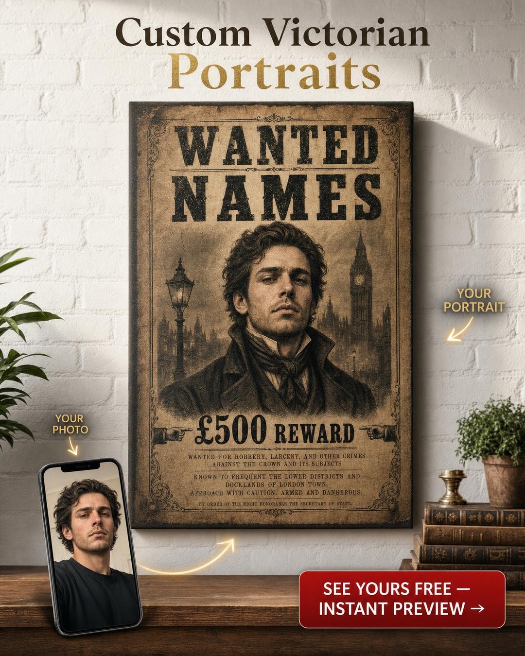 Victorian Fugitive Wanted Poster Custom Portrait from Photo | Personalized Gift