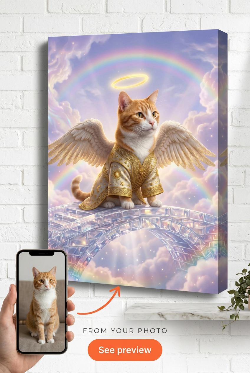 Custom Fantasy Cat Portrait — Whimsical Angel Wings Canvas