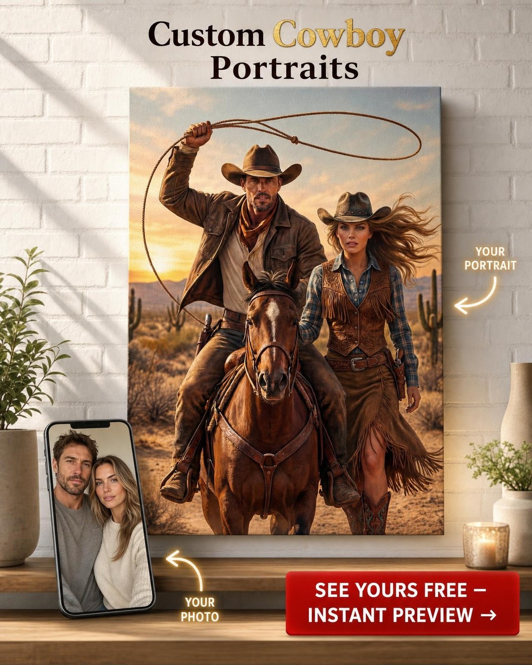 Custom Cowboy Couple Portrait — Western Canvas Gift
