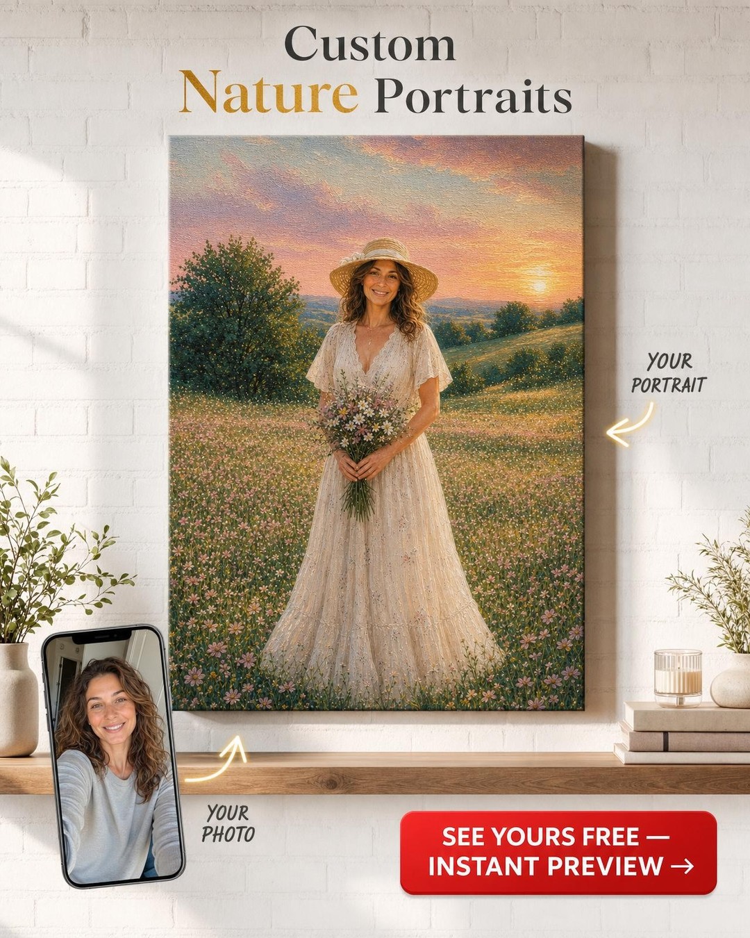 Vintage Meadow Woman with Bouquet & Hat Custom Portrait from Photo | Personalized Canvas Gift