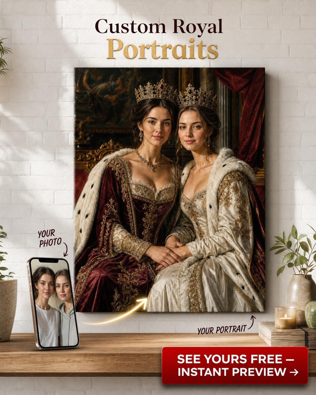Custom Royal Couple Portrait — Regal Crown Canvas from Photo