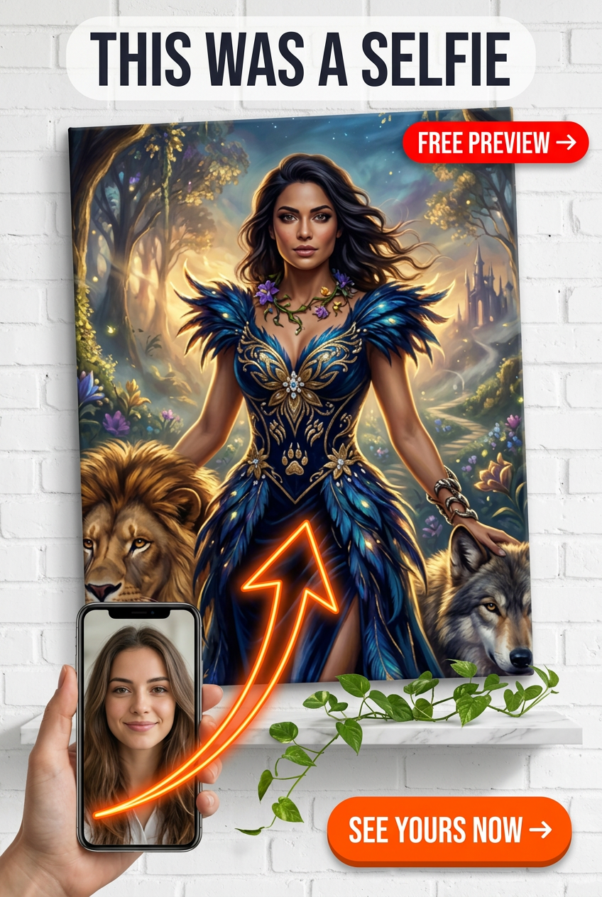 Custom Fantasy Woman Portrait — Heroic Lion & Wolf Canvas
