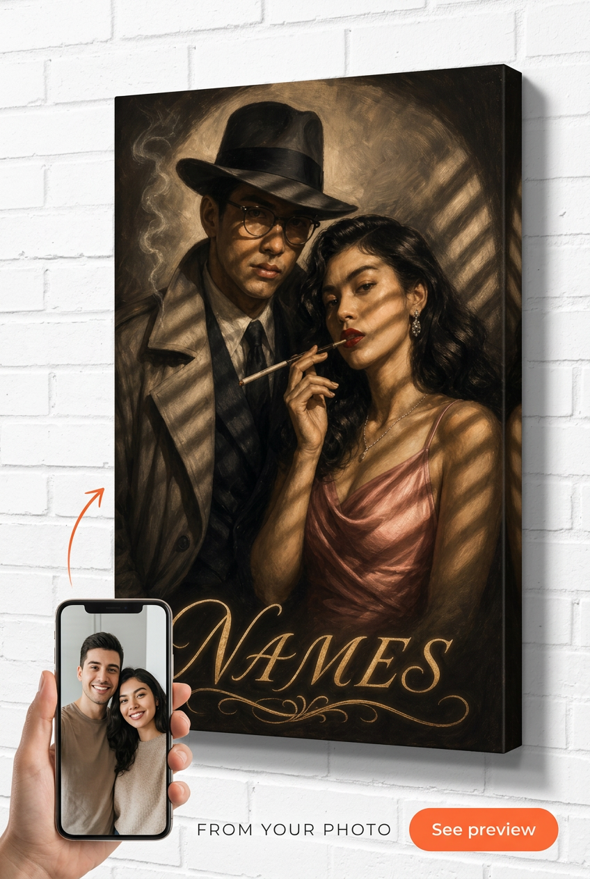 Custom 1940s Film Noir Couple Portrait from Photo | Personalized Undefined Gift