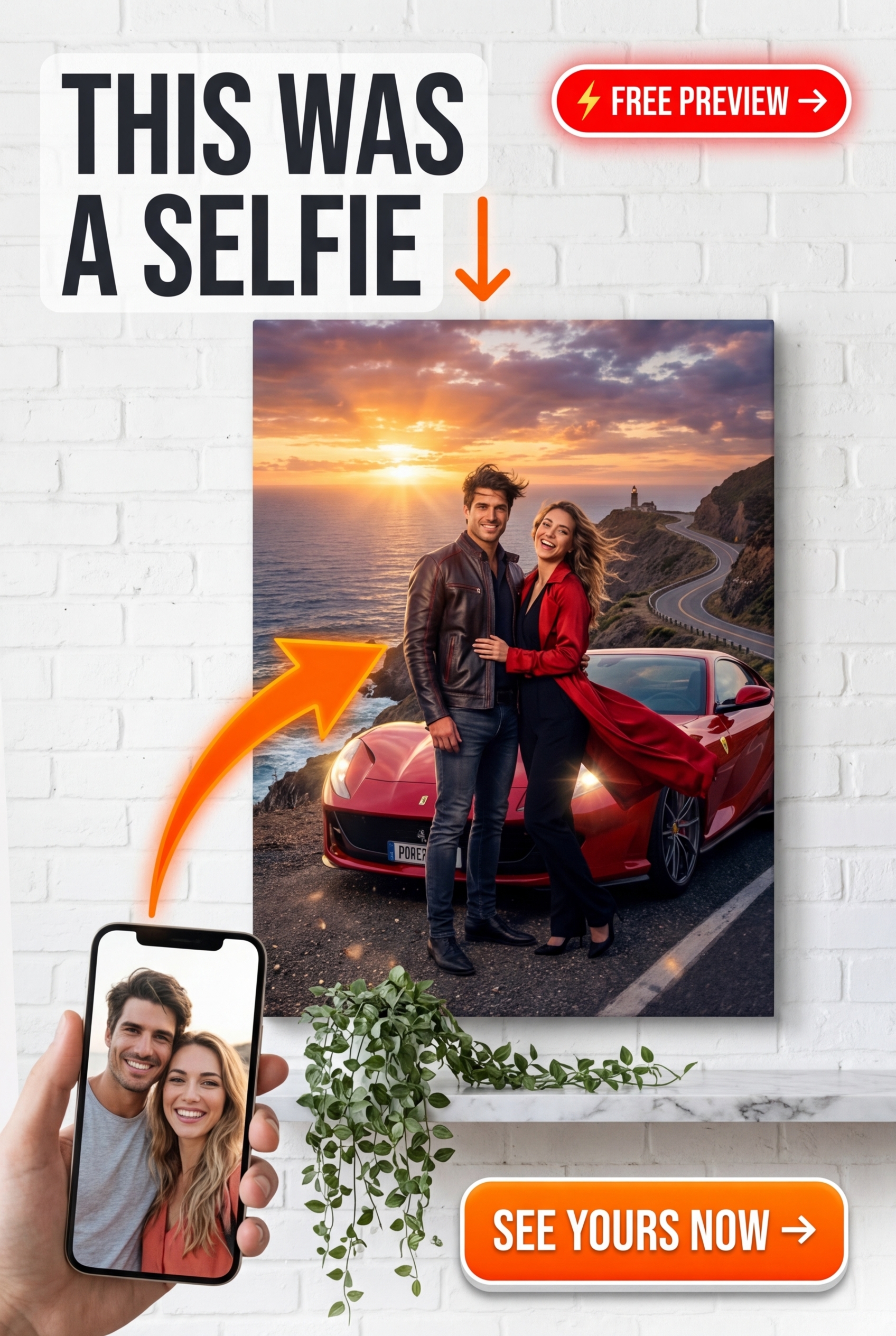Custom Sunset Couple Portrait — Romantic Landscape Canvas from Photo
