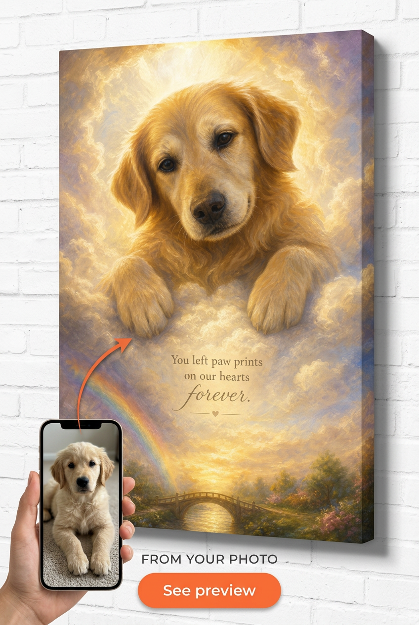 Custom Memorial Pet Dog Portrait — Rainbow Bridge Canvas from Photo