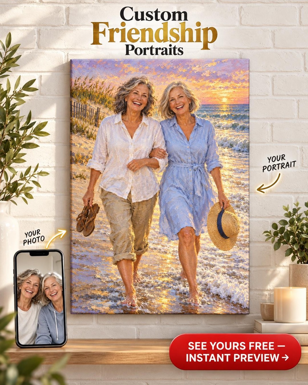 Girls’ Week at the Beach Best Friends Custom Portrait from Photo | Personalized Gift for Best Friend