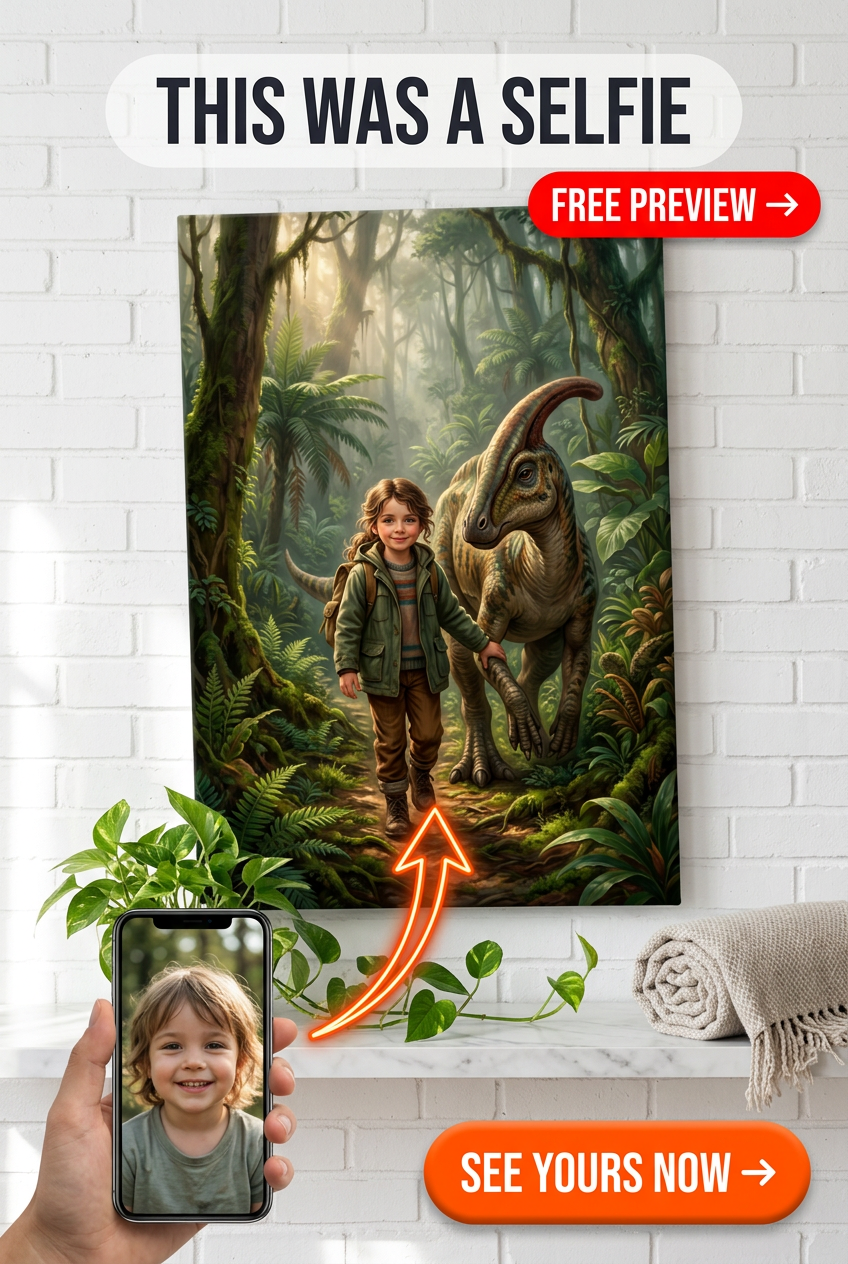 Custom Jungle Boy Portrait — Whimsical Dinosaur Adventure Canvas