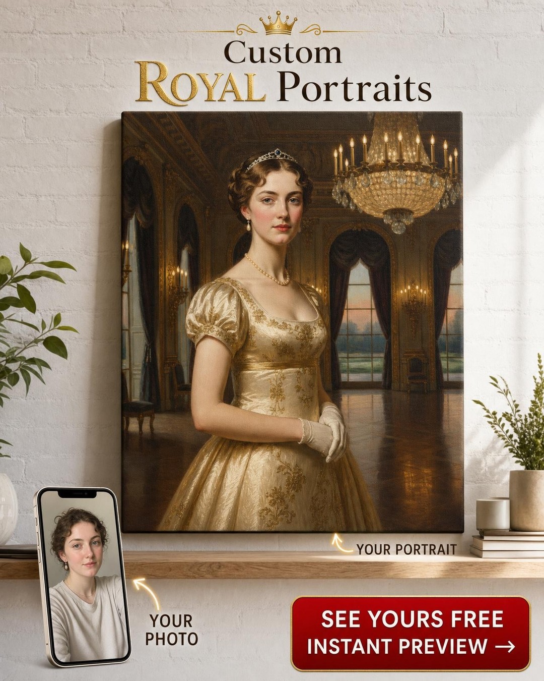 Custom Royal Woman Portrait — Regal Canvas from Photo