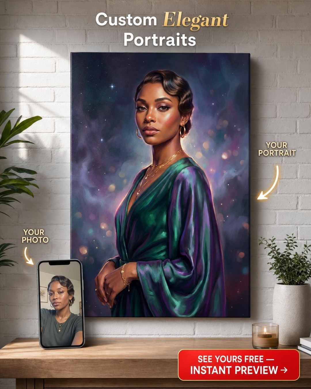 Custom Royal Woman Portrait — Whimsical Elegance Canvas from Photo