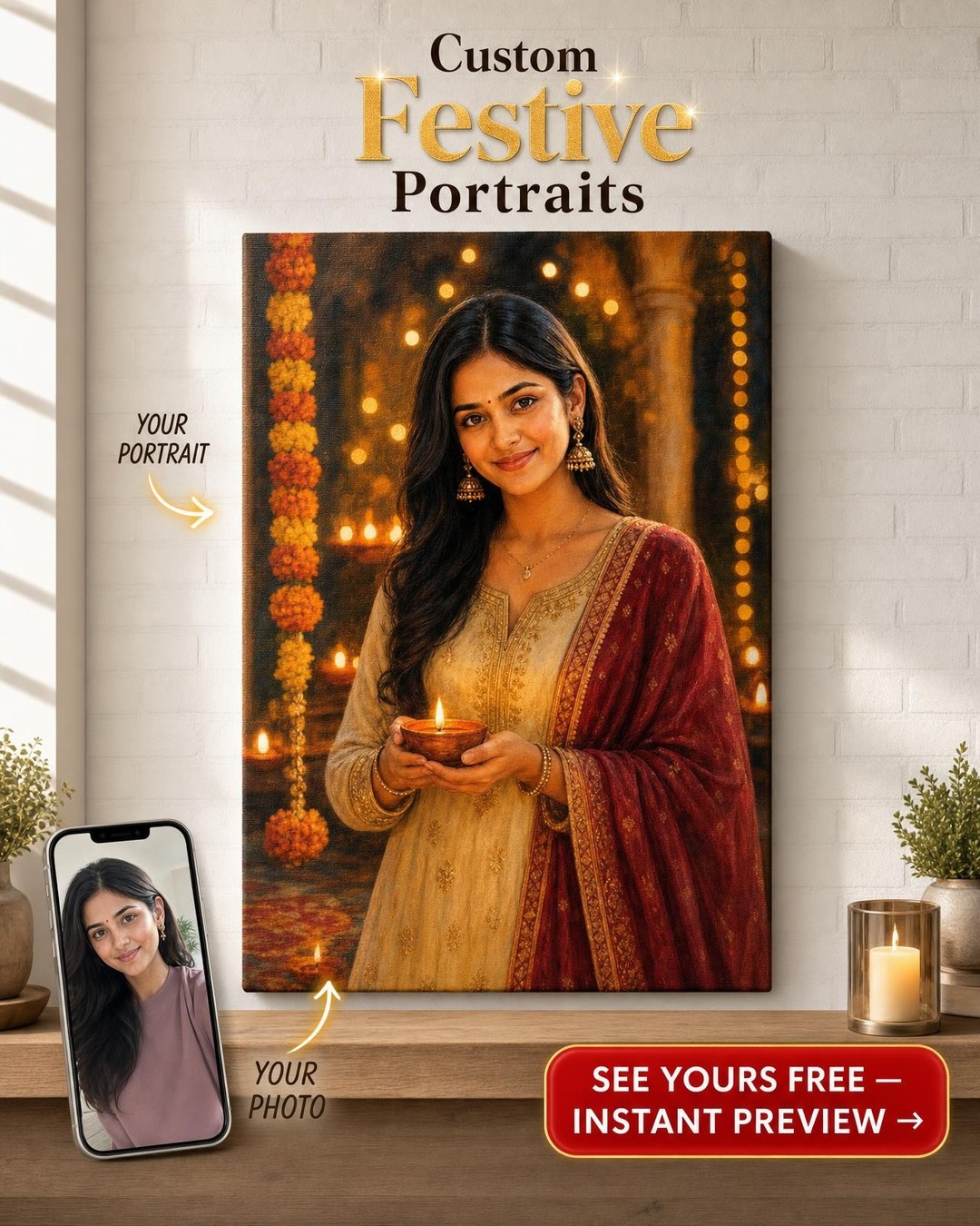 Festive Attire Diwali Custom Portrait from Photo | Personalized Canvas Gift