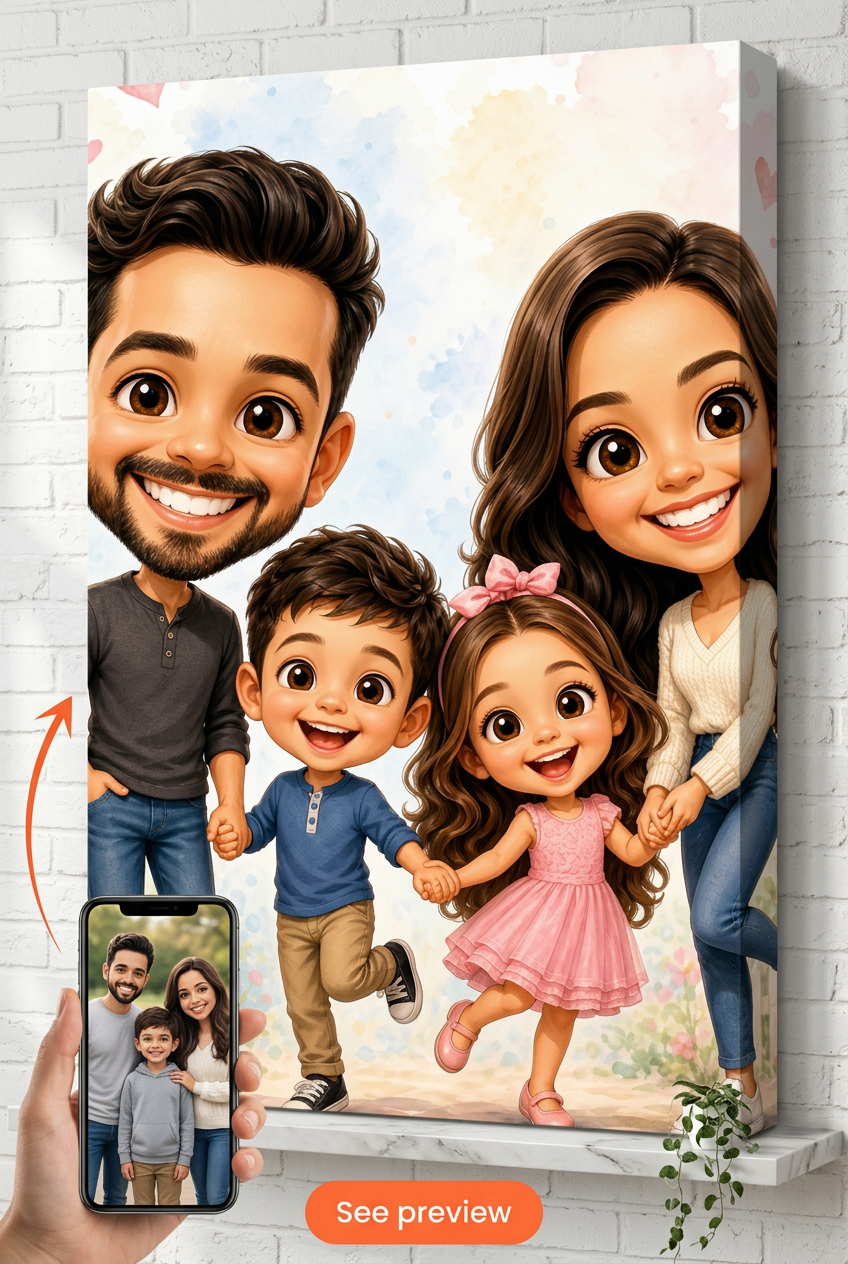 Custom Caricature Family Portrait — Playful Canvas from Photo