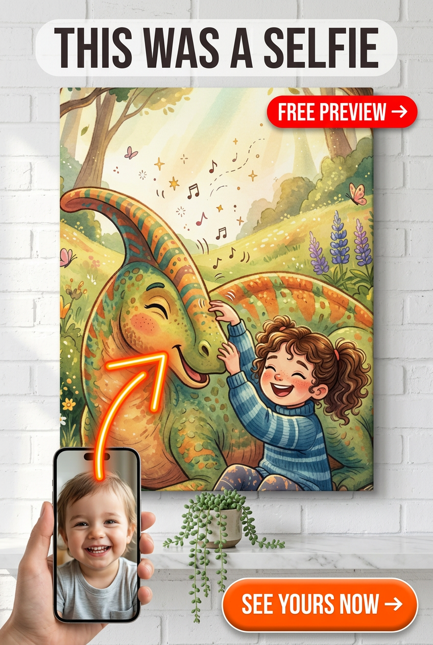 Custom Fantasy Family Portrait — Whimsical Dinosaur Canvas for Girl