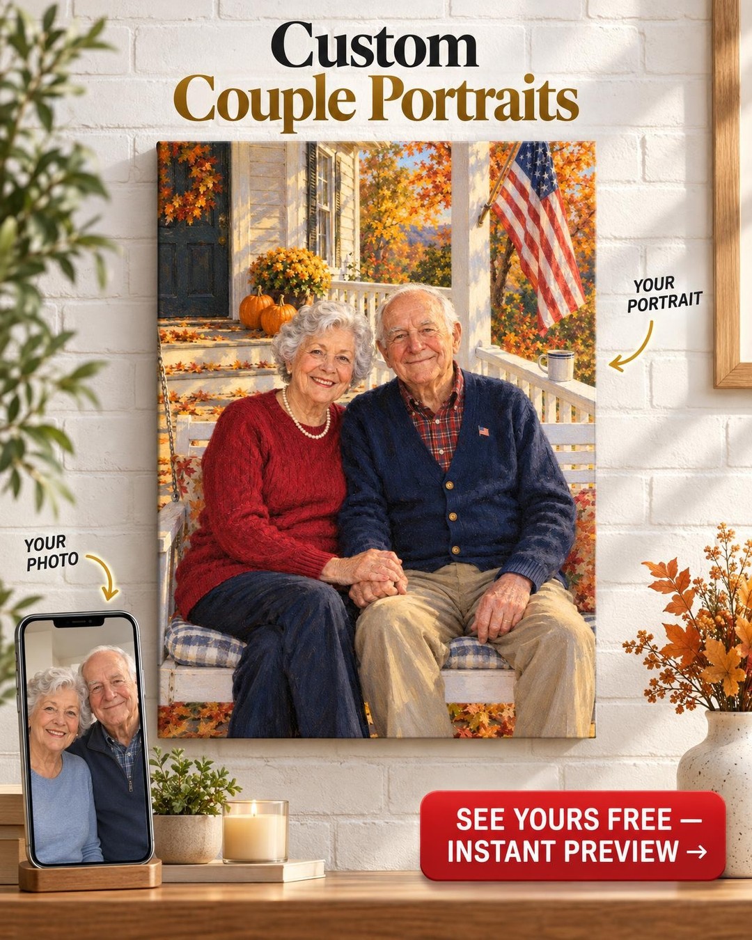Veteran Couple Porch Flag Custom Portrait from Photo