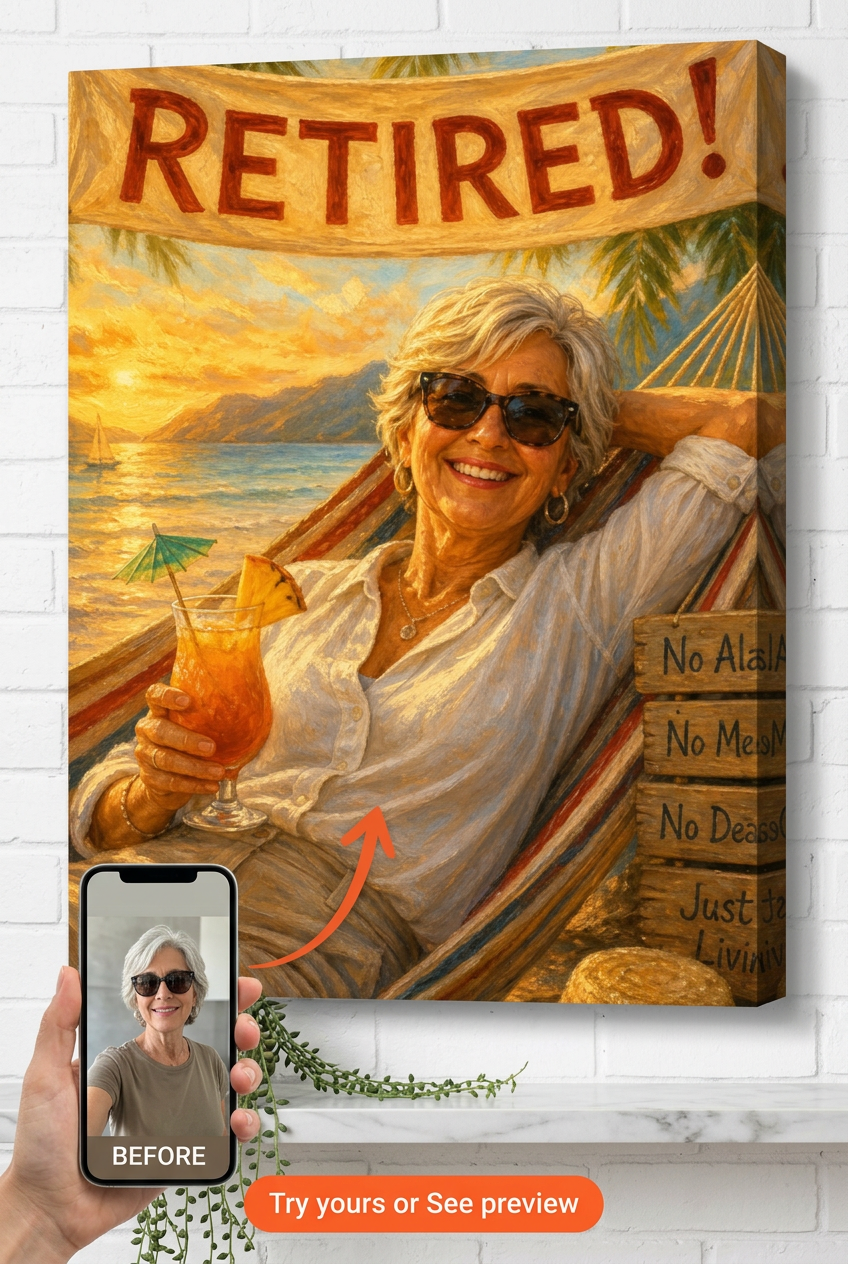 Custom Retirement Woman Portrait — Beach Sunset Canvas from Photo