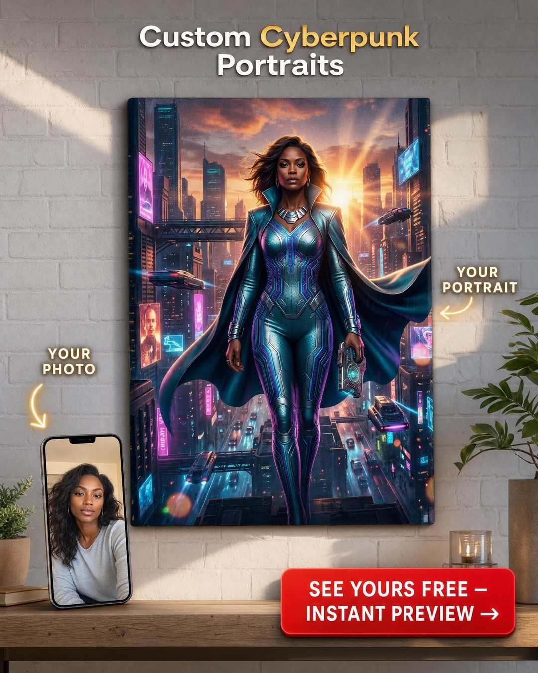 Custom Sci-Fi Man Portrait — Heroic Neon Cityscape Canvas