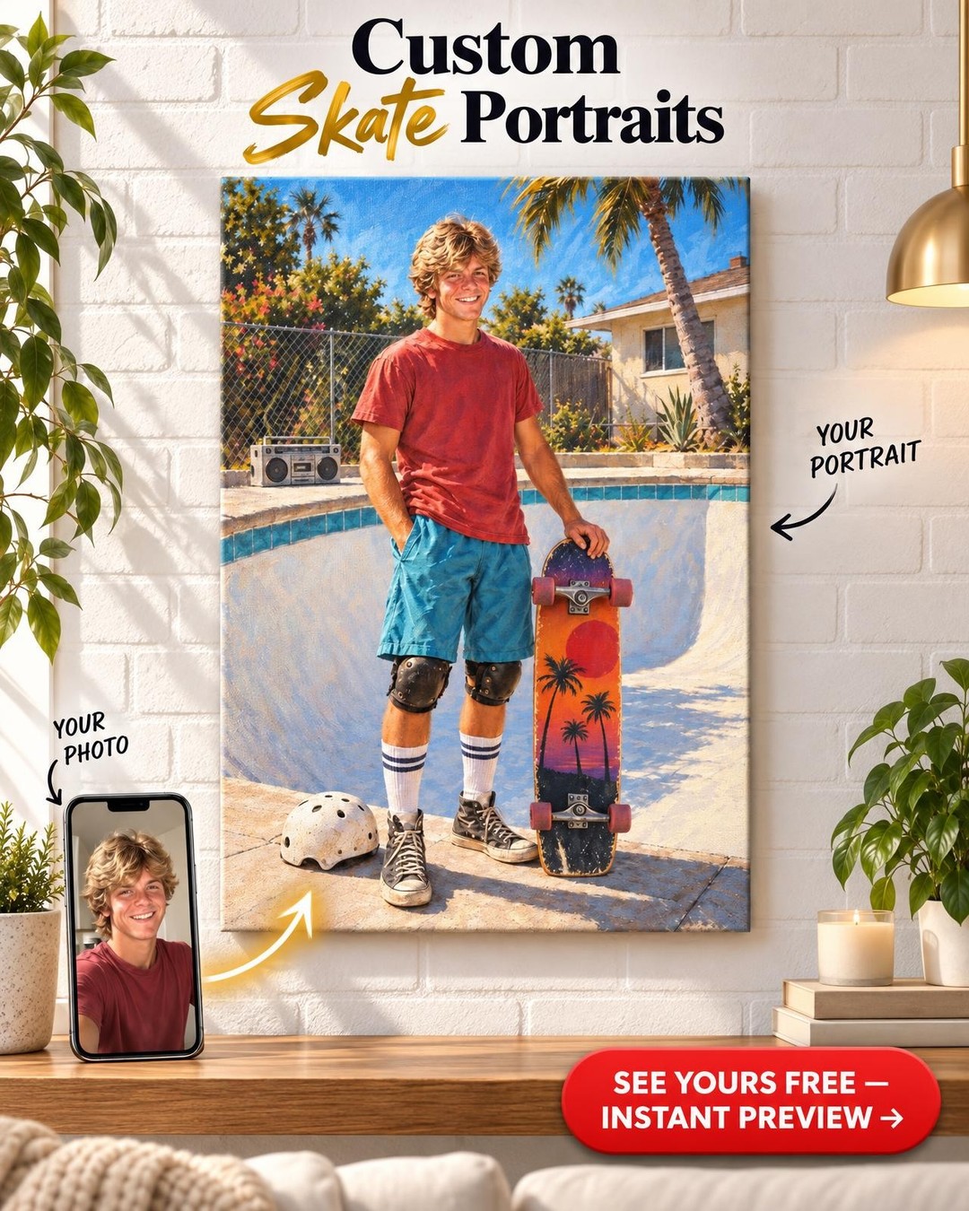 Empty Pool Skater Custom Portrait from Photo | Personalized Skateboarding Gift