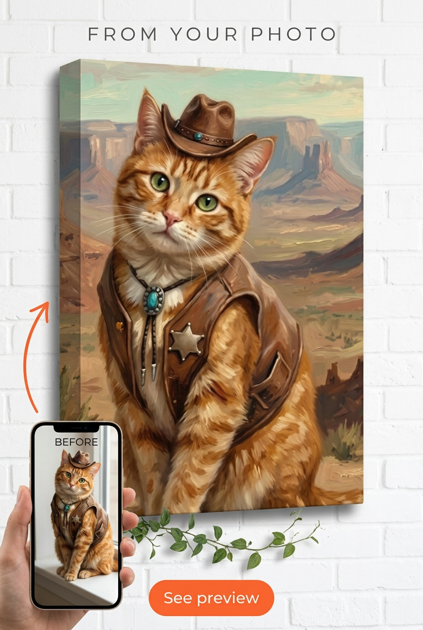 Custom Cowboy Cat Portrait — Whimsical Western Canvas from Photo