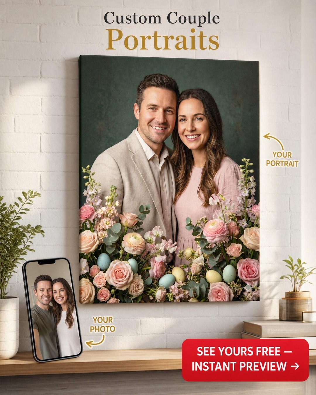 Custom Easter Couple Portrait — Festive Flower Canvas from Photo