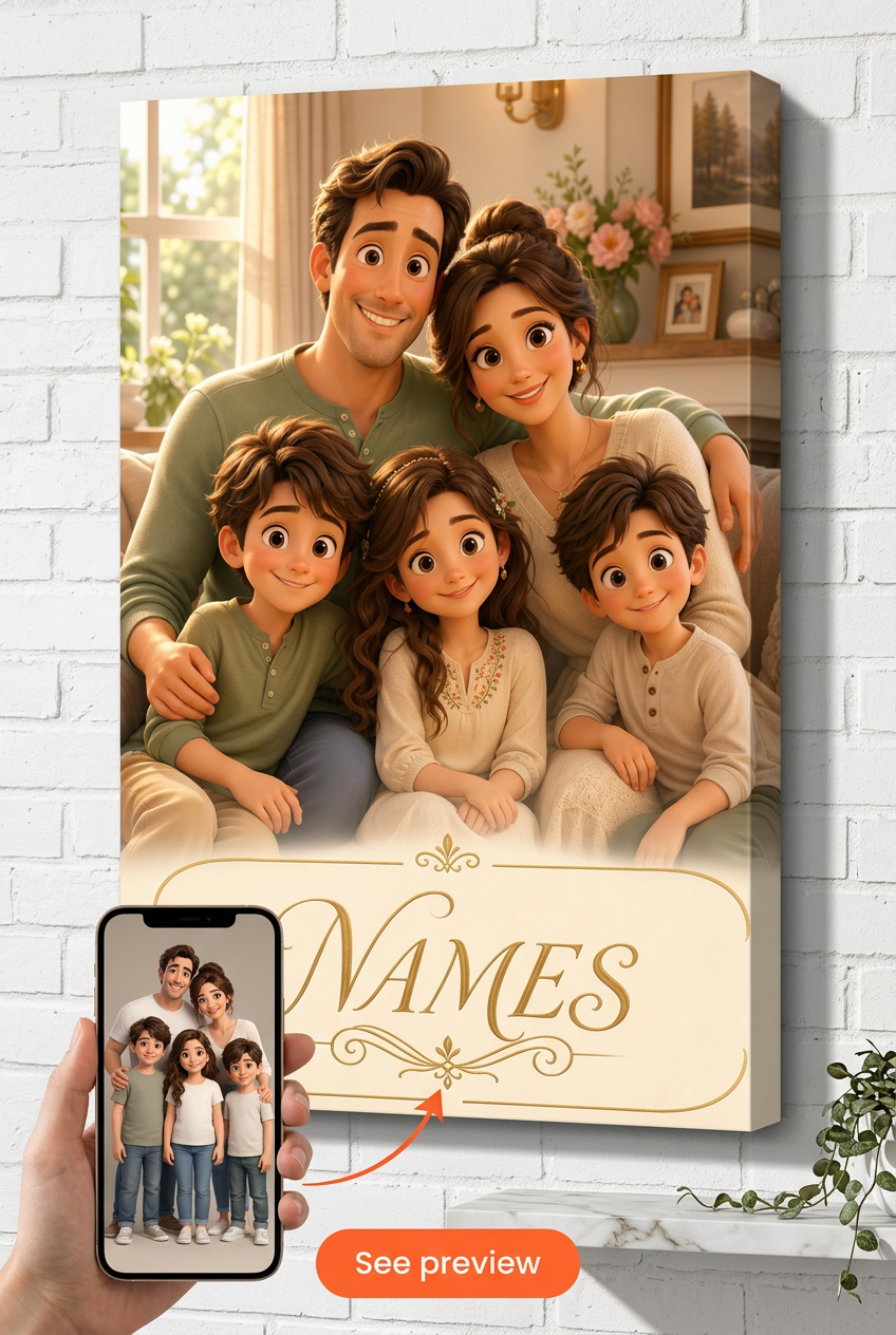 Custom Pixar-Style Family Portrait — Warm Animated Canvas from Photo