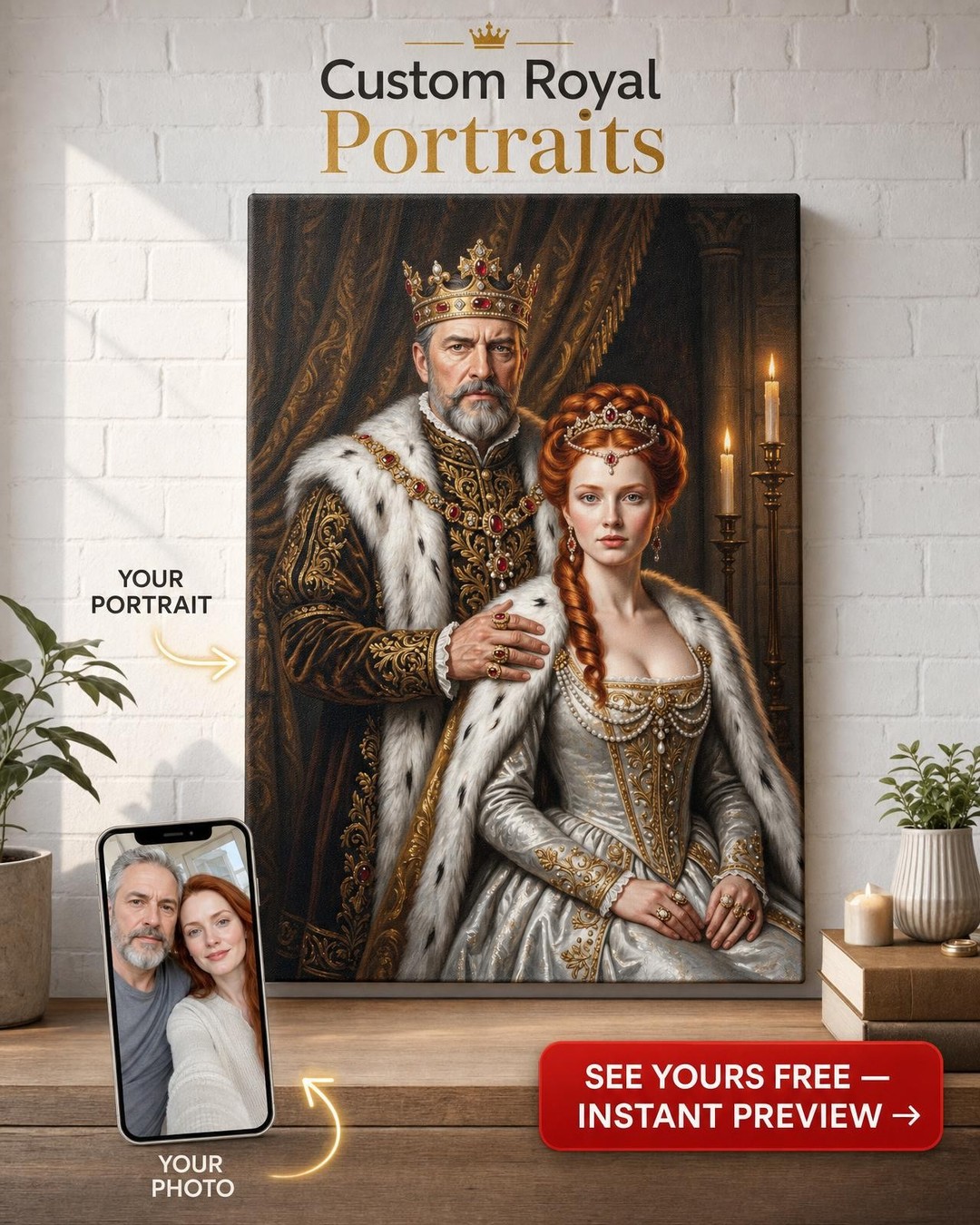 This exquisite custom portrait features a couple reimagined in magnificent royal