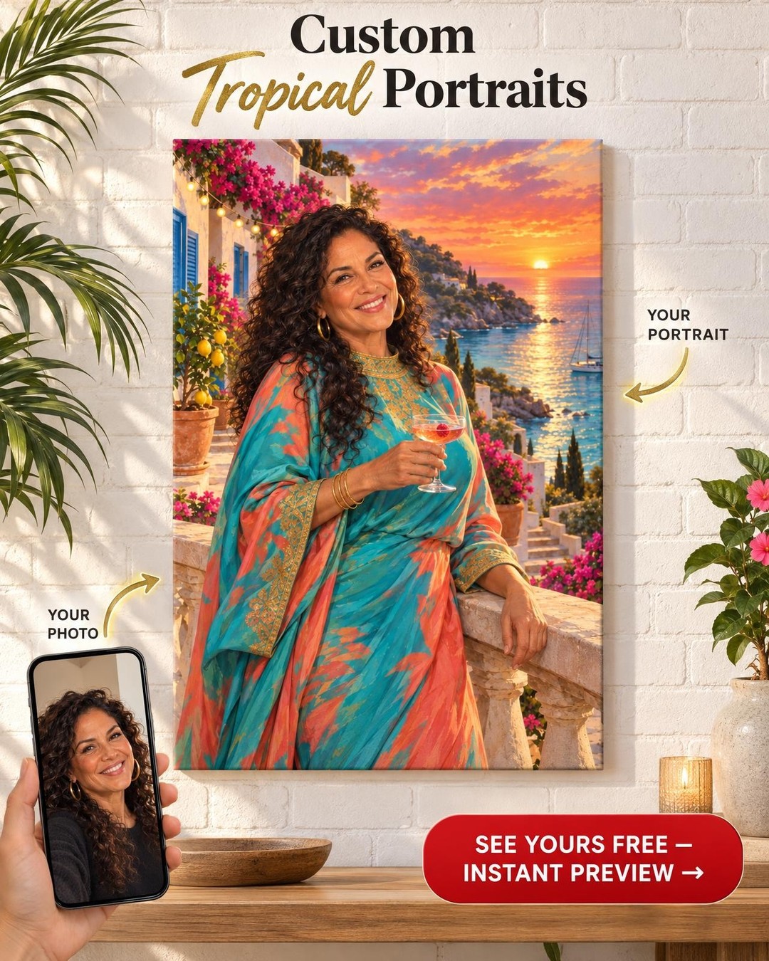 Sunset Seaside Villa Custom Portrait from Photo | Personalized Reality Star Gift