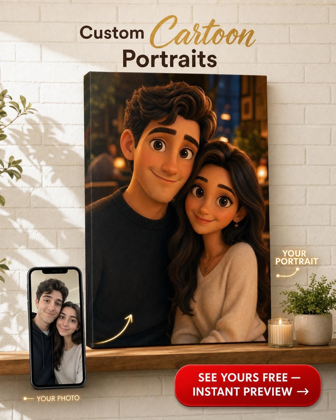 Custom PixarCouple Couple Portrait — Romantic AI Art Canvas