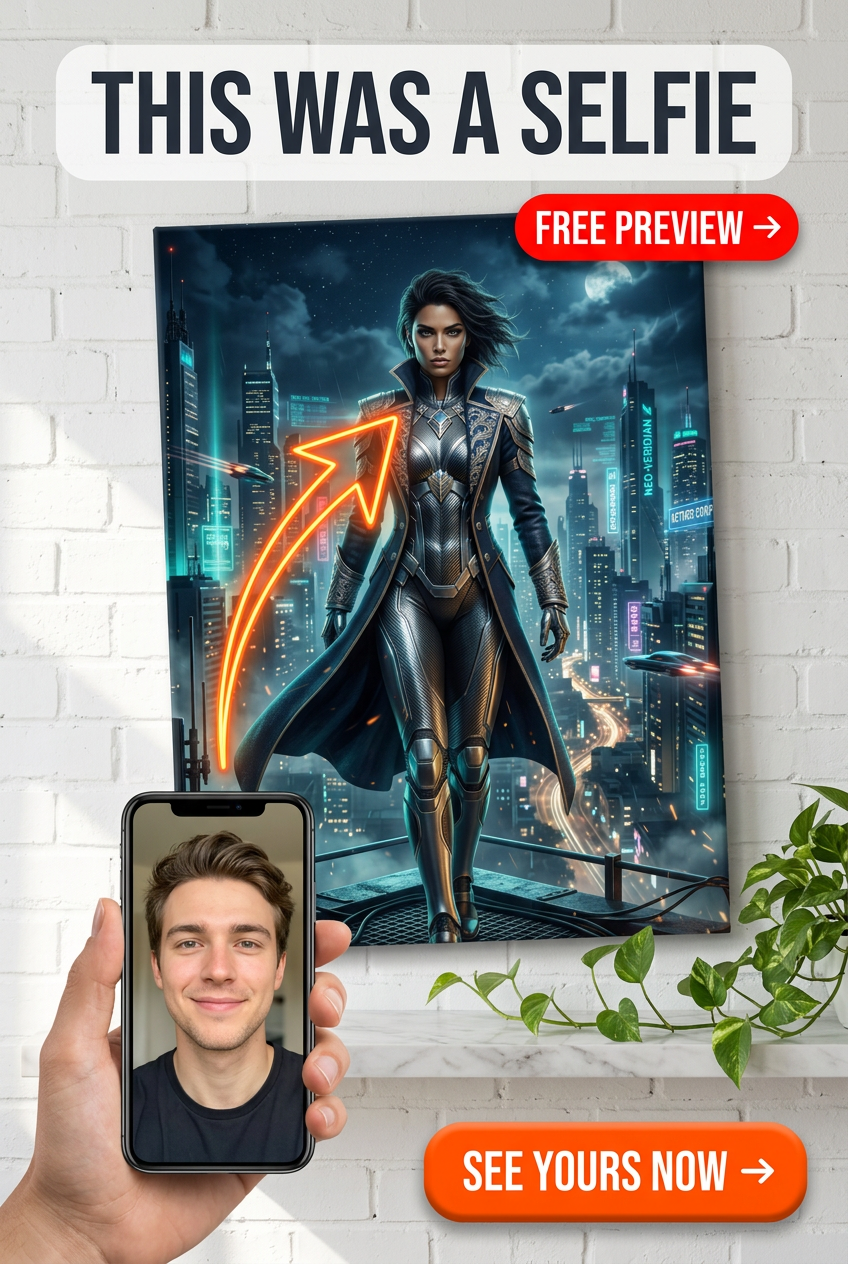 Custom Cyberpunk Single Man Portrait — Heroic Neon Warrior Canvas