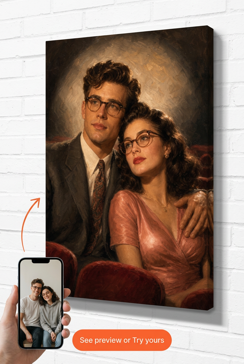 Custom 1940s Cinema Date Hollywood Couple Portrait from Photo | Personalized Undefined Gift