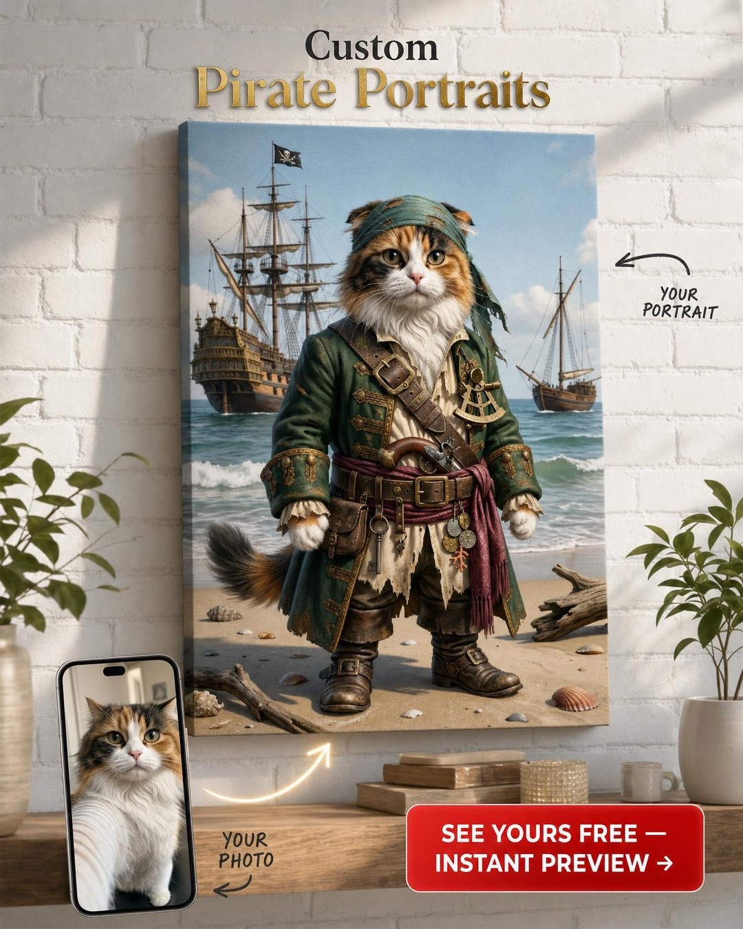 Custom Pirate Cat Portrait — Whimsical Pet Canvas