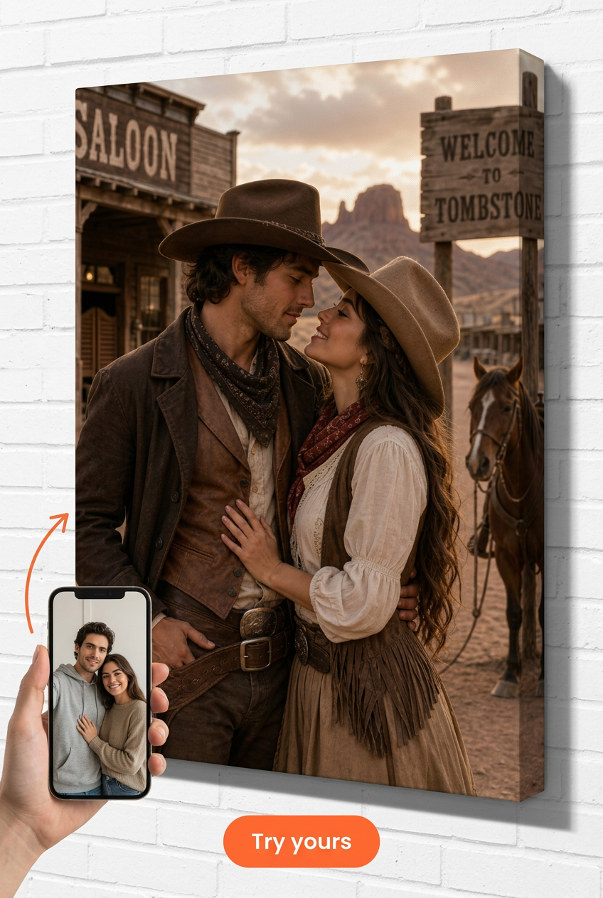 Custom Cowboy Couple Portrait — Romantic Western Canvas from Photo