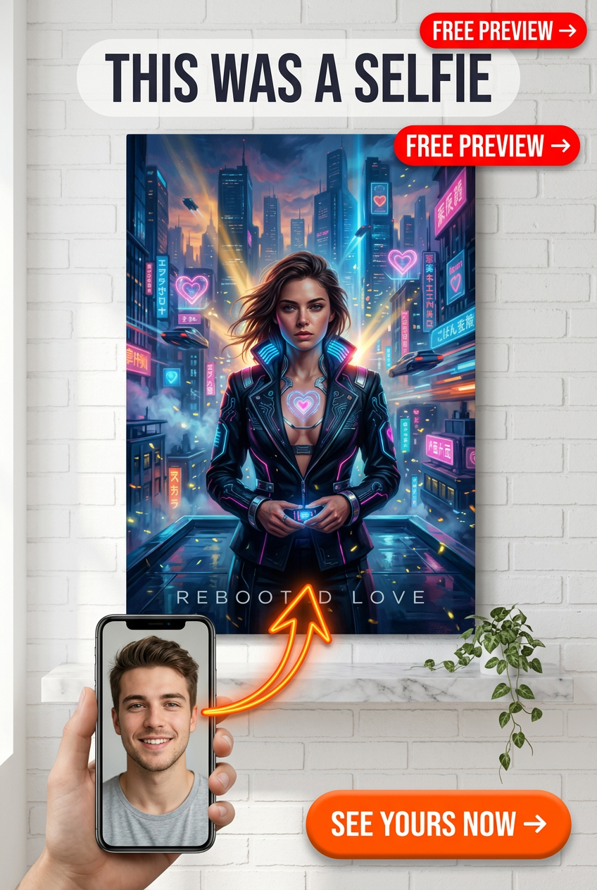 Custom Cyberpunk Single-Man Portrait — Neon Heart Canvas for Her