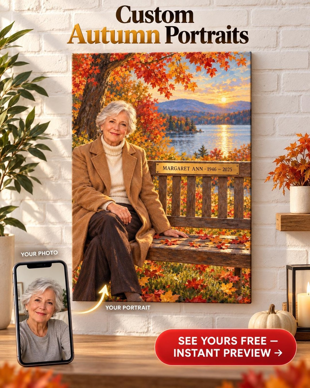 Their Bench by the Lake Custom Portrait from Photo | Personalized Loving Memory Gift