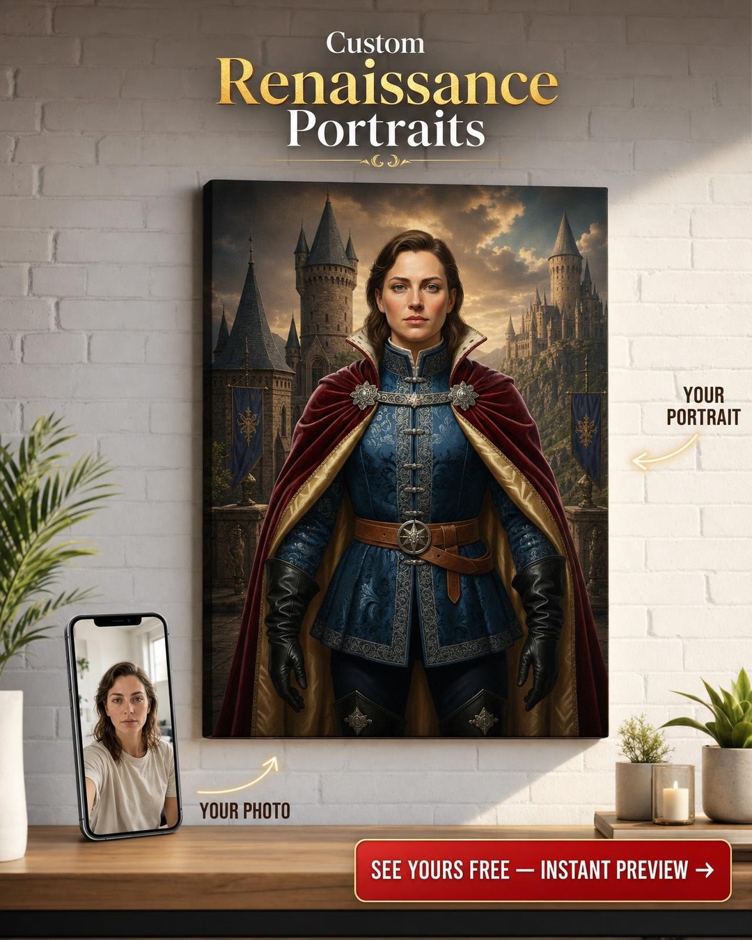 Custom Royal Woman Portrait — Heroic Armor Canvas from Photo