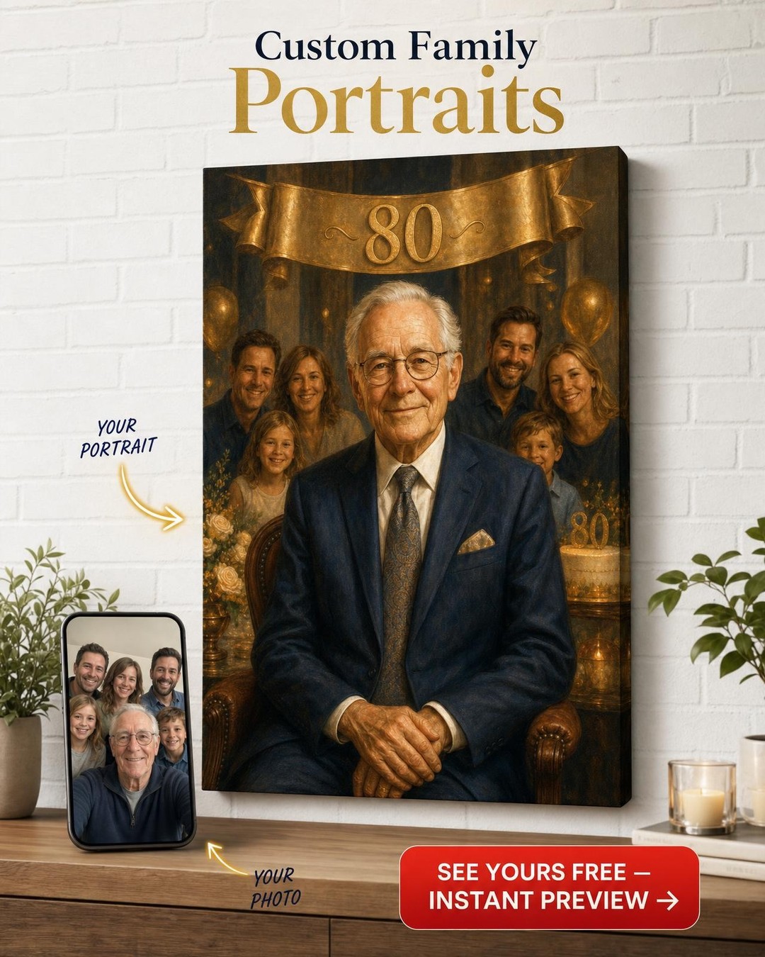 Custom Birthday Multi-Gen Portrait — Festive Family Celebration from Photo