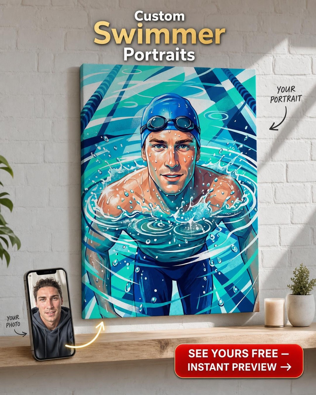 Custom Athlete Portrait — Heroic Swimmer Canvas for Man