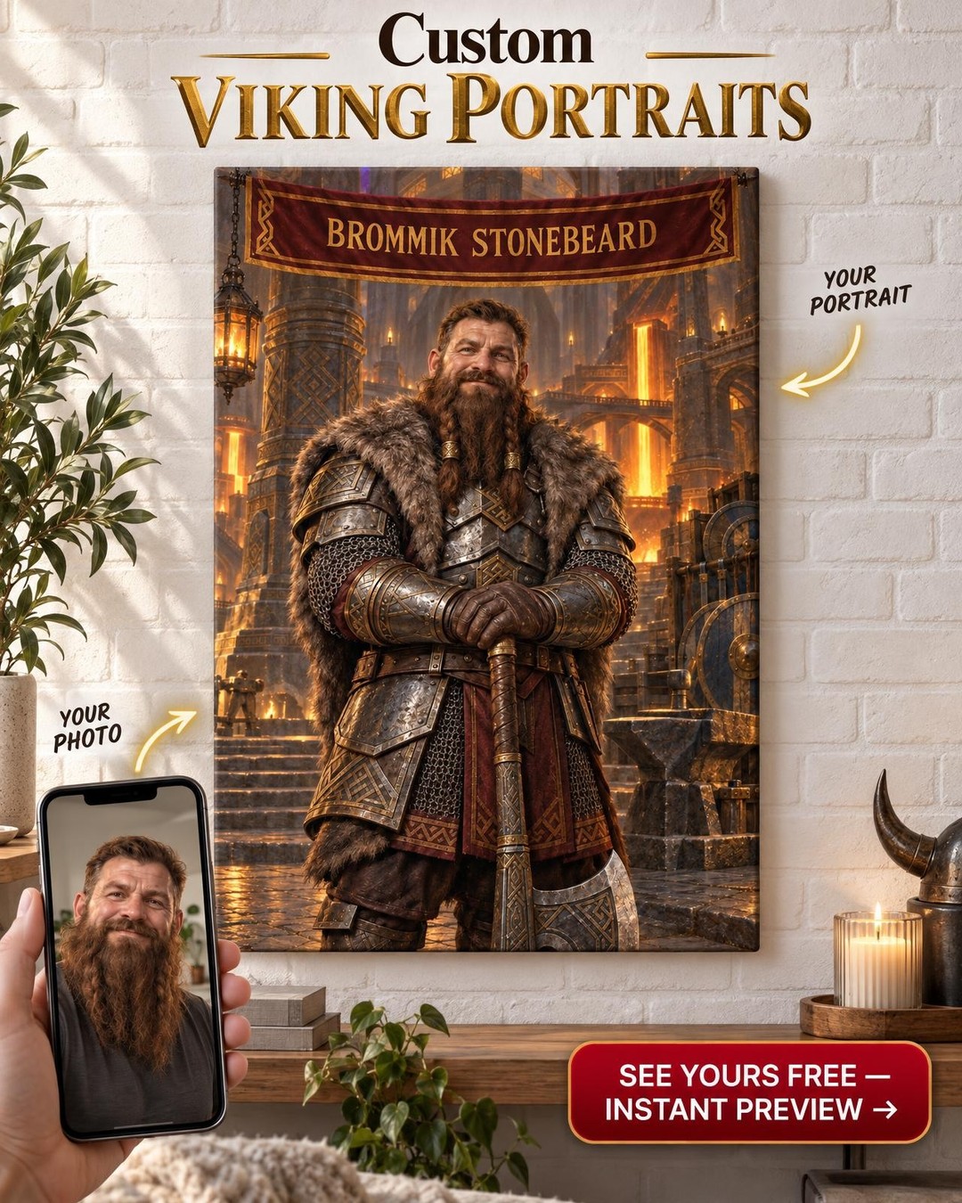 Dwarf Warrior Custom Portrait from Photo | Personalized Tabletop Fantasy Gift