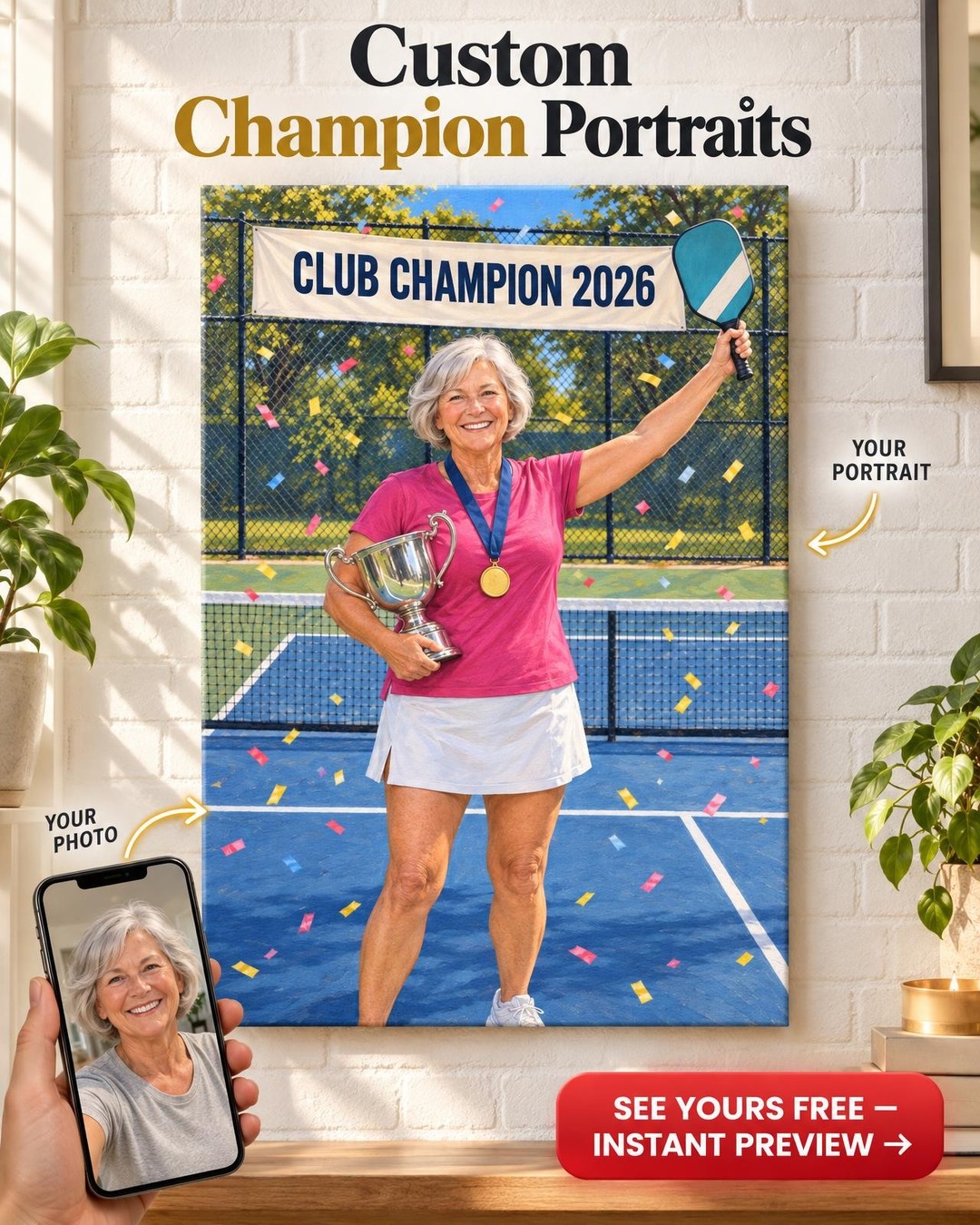 Pickleball Club Champion Custom Portrait for Her from Photo | Personalized Pickleball Gift